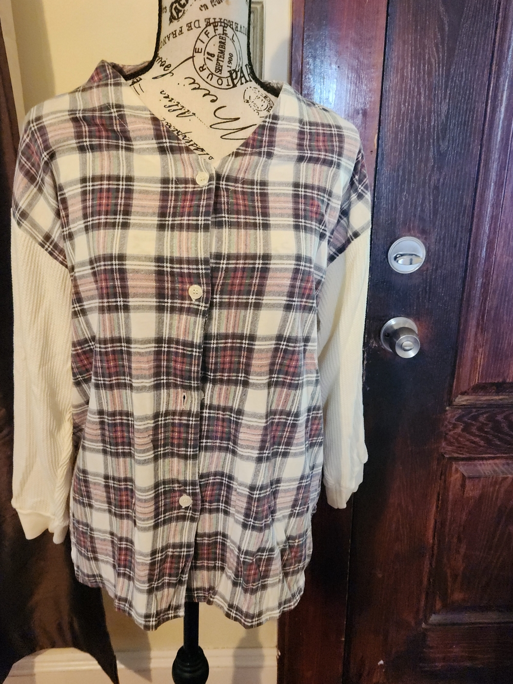 Plaid Button-Down Top with Cream Sleeves - Women Large
